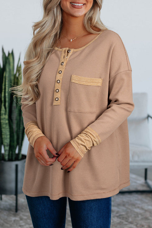 Color Block Waffle Textured Tunic Henley Top with Slits
